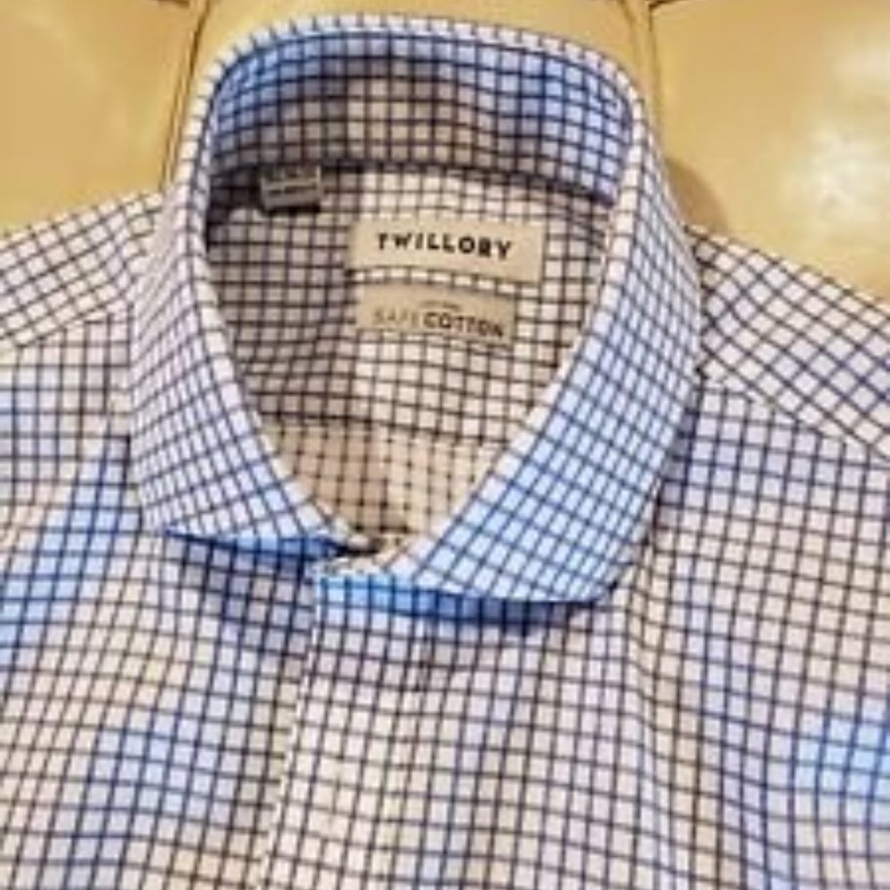 Twillory Shirt 15.5 34/35 Non Iron Safe Cotton Tailored Fit Navy Windowpane